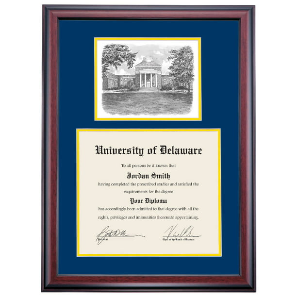 12 x 16 Diploma Certificates Graduation Gift OCM DiplomaDisplay Traditional Frame for University of Delaware UD Blue Hens Navy/Yellow Mat Home & Office 